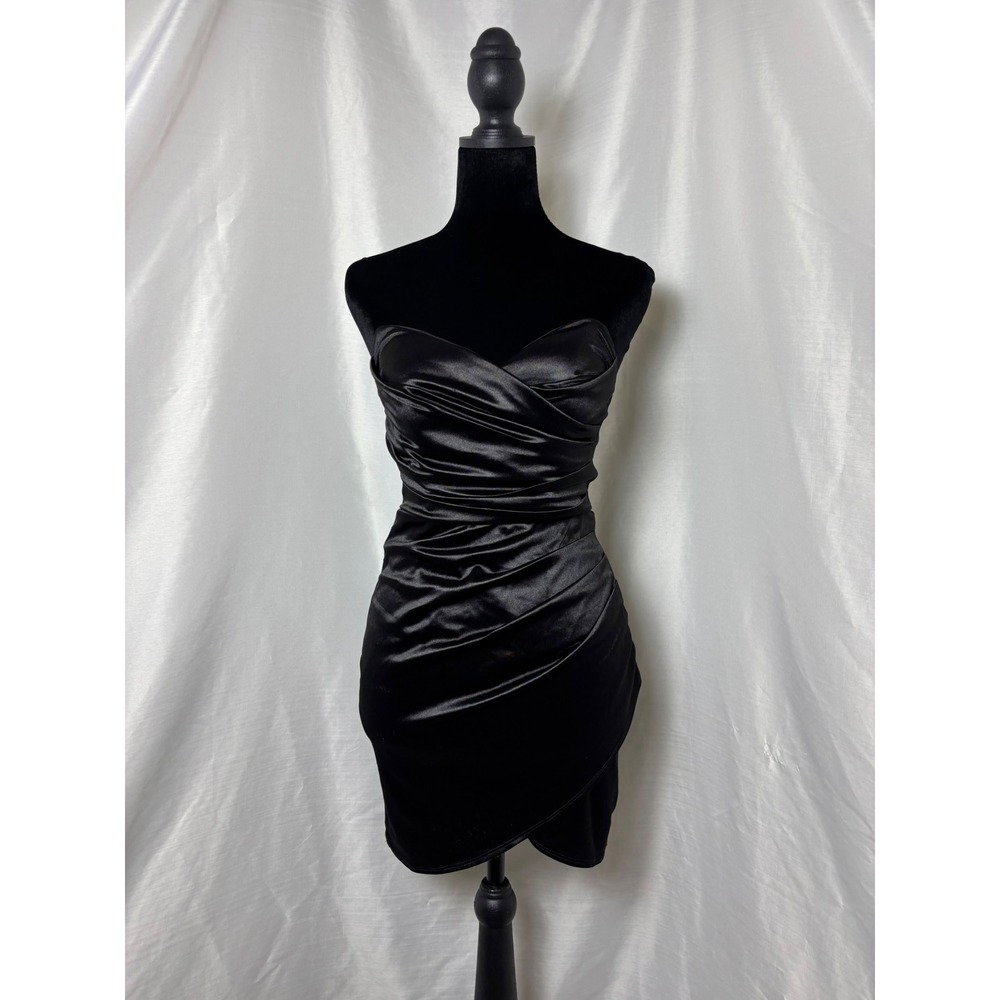 Windsor Bodycon Dress Womens XS Black Excellent Ruched Satin Strapless Mini